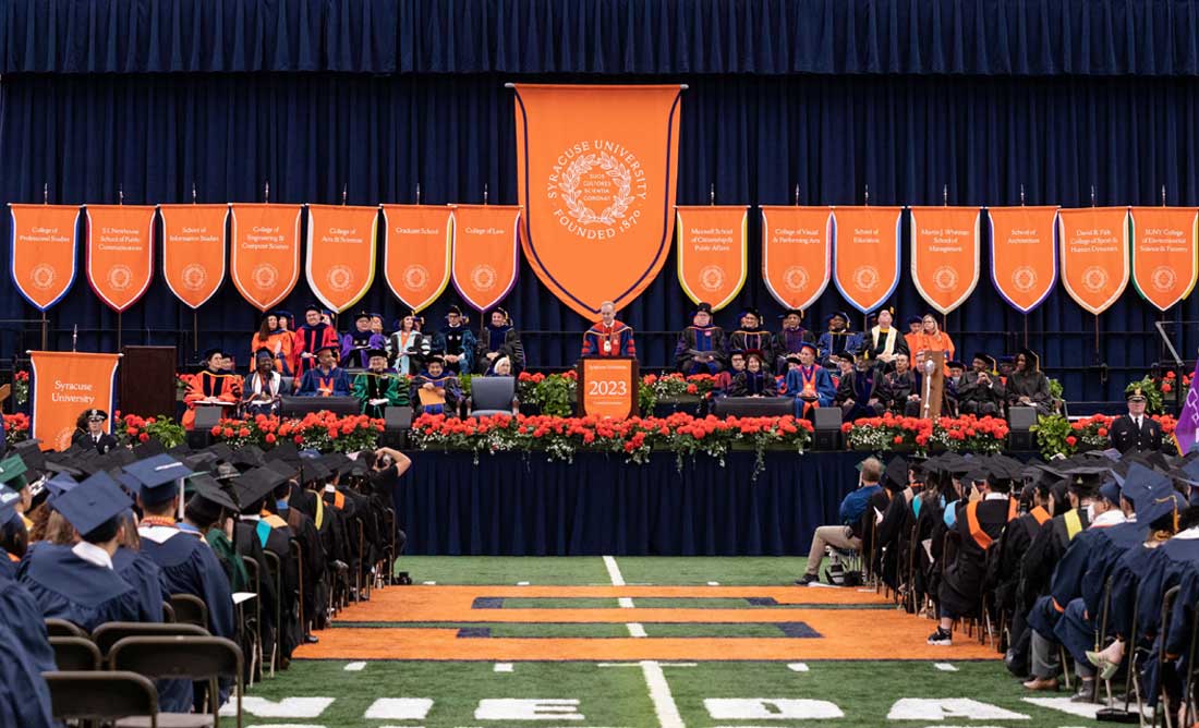 2023 Syracuse University Commencement stage with the Chancellor speaking