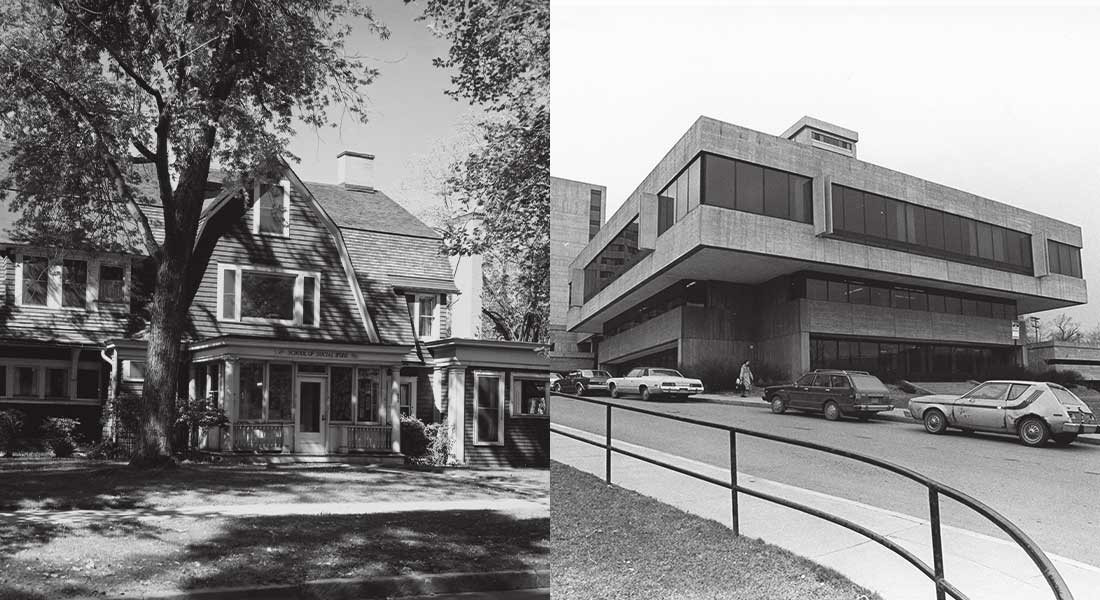 black and white photos of the exterior of two buildings.