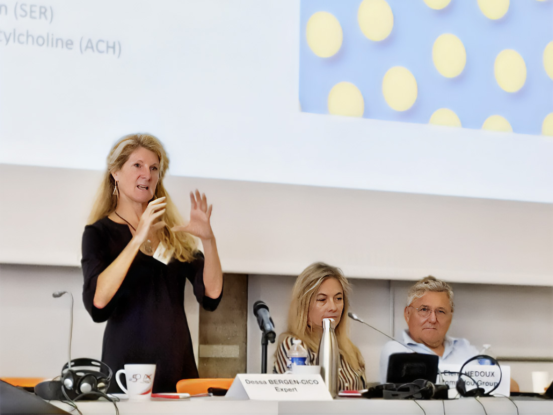 Dessa stands and talks at a table of experts on a stage