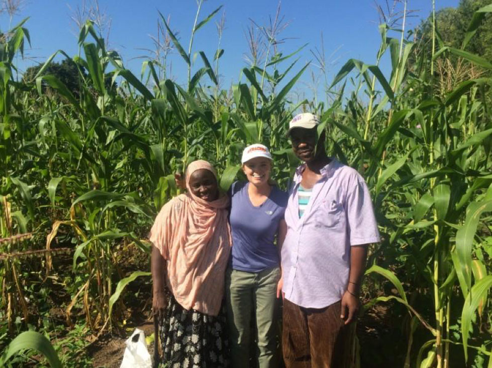 Three people standing in a green corn field