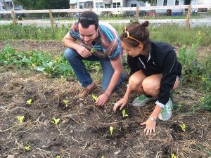 Two students consider plants growing in an urban garden