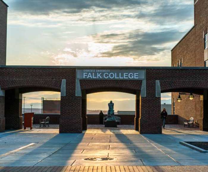 Falk College exterior balcony during sunset