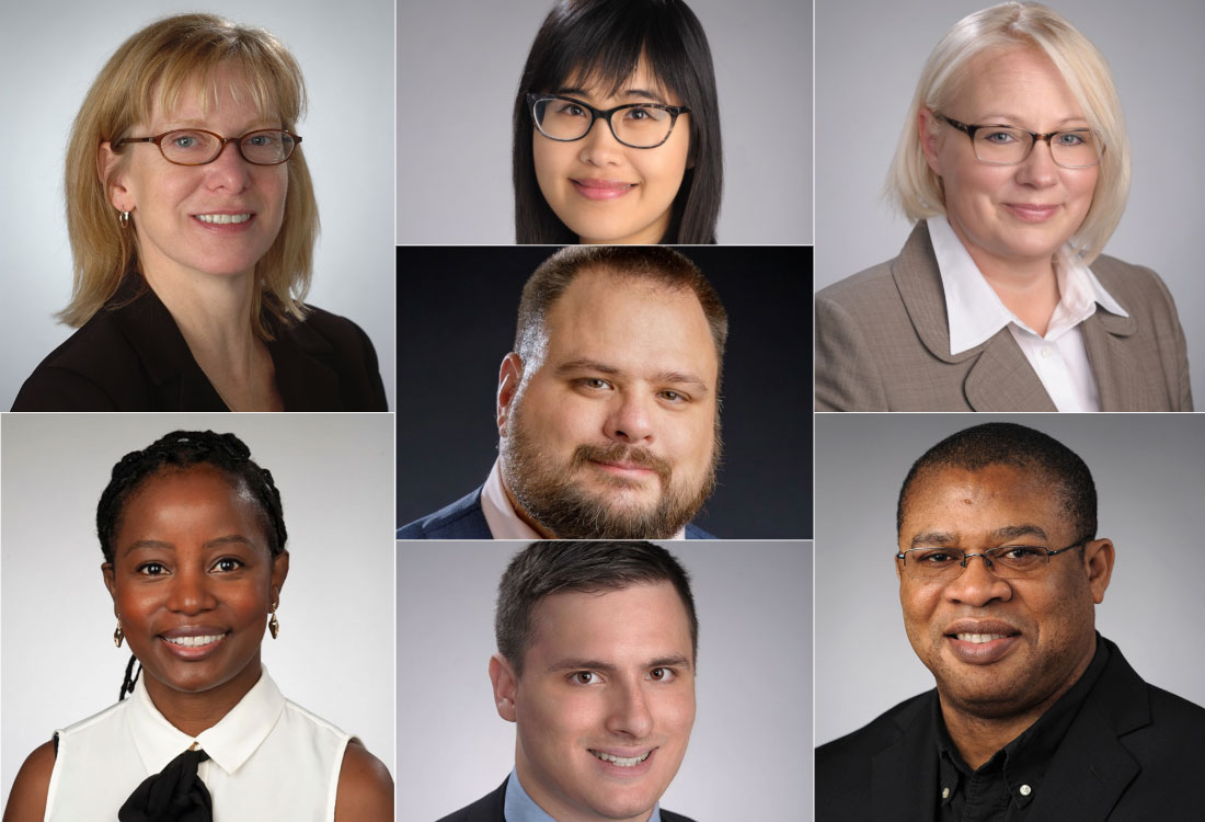 headshots of faculty Olson-Gugerty, Wang, Pilkay, Mutambudzi, DeFreitas, Losak and Ijere