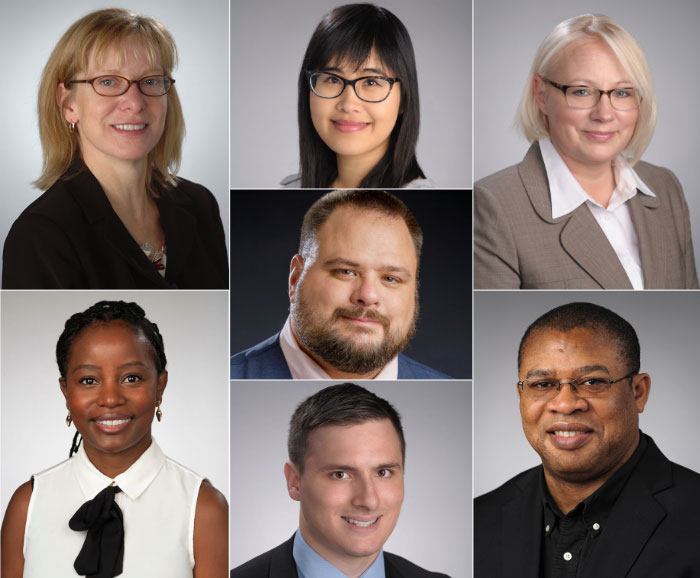 headshots of promoted faculty Olson-Gugerty, Wang, Pilkay, Mutambudzi, DeFreitas, Losak and Ijere