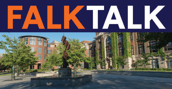 Photograph of Orange Grove on a sunny summer day. Graphic reads "FalkTalk."
