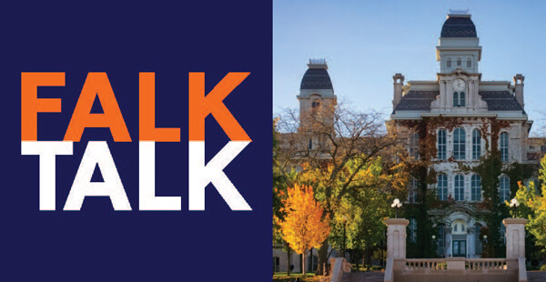 View of the Hall of Languages surrounded by colorful fall foliage. Graphic reads "FalkTalk."