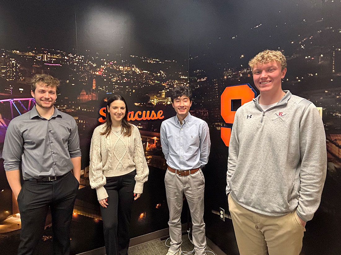 From left to right, sport analytics majors Tyler Bolebruch, Marissa Schneider, Nicholas Kamimoto, and Collin Kneiss will compete in the business analytics category at the AXS National Collegiate Sports Analytics Championship in Dallas, Texas.