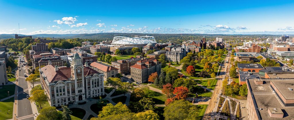 drone view of Syracuse University campus