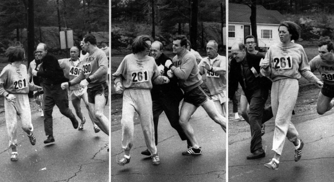 Katherine Switzer running the Boston Marathon