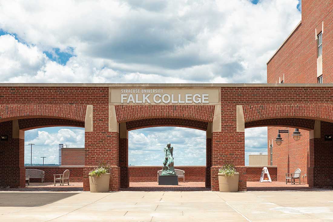 Exterior view of Falk College and patio