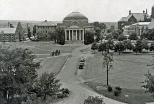 Aerial view of campus in the 1930s looking over the quad toward Hendricks Chapel
