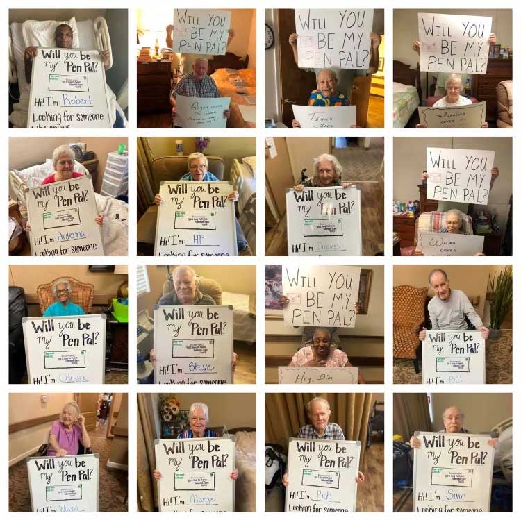 A snapshot of elderly people holding signs asking for pen pals