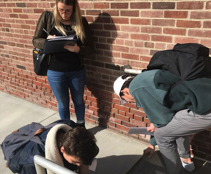 Students examine a ramp