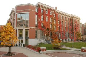 Exterior of Simms Hall in Fall