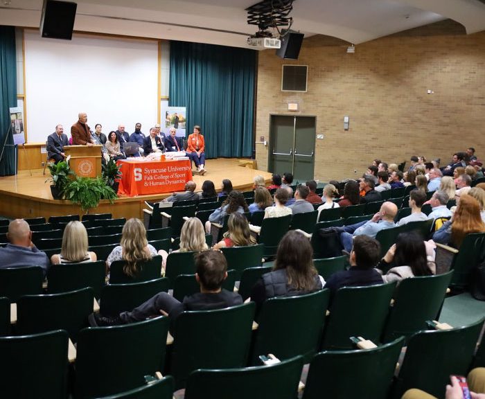 students, faculty and staff attending Sports Management end of semester awards ceremony in grant autitorium